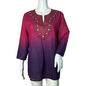 Chicos Shirt Womens Medium Pink Purple Dip Dye Tunic Top Beaded Embellished Boho